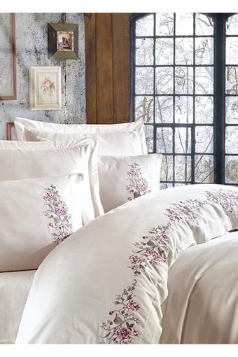 Dantela Efsa Saten Dört Mevsim 200x220 cm Çarşaflı Lastiksiz Nakışlı Çift Kişilik Nevresim Takımı Krem