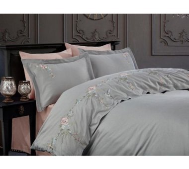 Dantela Rüya Saten Dört Mevsim 200x220 cm Çarşaflı Lastiksiz Nakışlı Çift Kişilik Nevresim Takımı Gri