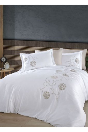 Dantela Sofia Saten Dört Mevsim 200x220 cm Çarşaflı Lastiksiz Nakışlı Çift Kişilik Nevresim Takımı Beyaz