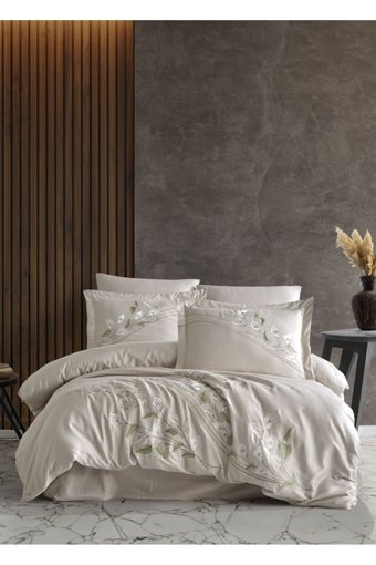Dantela Cala Saten Dört Mevsim 200x220 cm Çarşaflı Lastiksiz Nakışlı Çift Kişilik Nevresim Takımı Bej