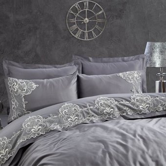 Dantela Valencia Saten Dört Mevsim 200x220 cm Çarşaflı Lastiksiz Nakışlı Çift Kişilik Nevresim Takımı Gri