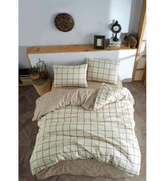 Casa Carina Ranforce Pamuk Dört Mevsim 200x220 cm Çarşaflı Lastikli Kareli Çift Kişilik Nevresim Takımı Krem