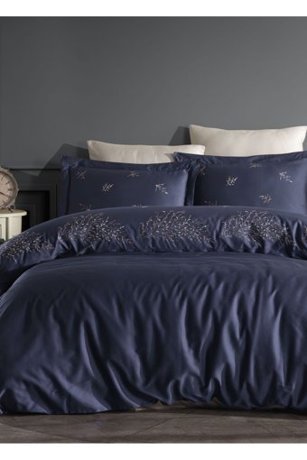 Dantela Asrın Saten Dört Mevsim 200x220 cm Çarşaflı Lastiksiz Nakışlı Çift Kişilik Nevresim Takımı Lacivert