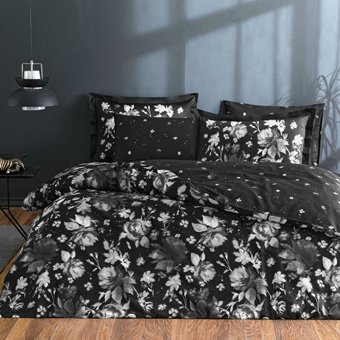 Linens Sc Wıntor Pamuk Dört Mevsim 200x220 cm Çarşaflı Lastikli Çiçekli Çift Kişilik Nevresim Takımı Siyah