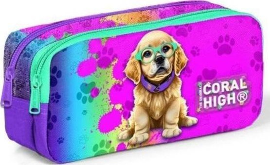 Coral High Mor-Pembe Desenli Pvc-Kumaş Bölmeli Çift Gözlü Köpekli Dikdörtgen Kutu Kalemlik