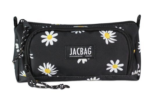 Jacbag Siyah Desenli Polyester Bölmeli Çift Gözlü Papatya Desenli Üçgen Cüzdan Kalem Kutusu
