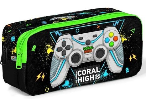 Coral High Siyah Desenli Kumaş Bölmeli Çift Gözlü Oyun Kolu Dikdörtgen Cüzdan Kalem Kutusu