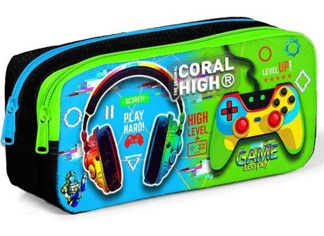 Coral High Siyah-Fosforlu Yeşil Desenli Kumaş Bölmeli Çift Gözlü Kulaklık Game Dikdörtgen Cüzdan Kalem Kutusu