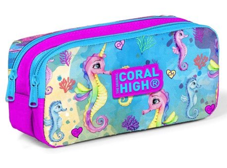 Coral High Mavi Baskılı Kumaş Bölmeli Çift Gözlü Deniz Atı Oval Cüzdan Kalem Kutusu