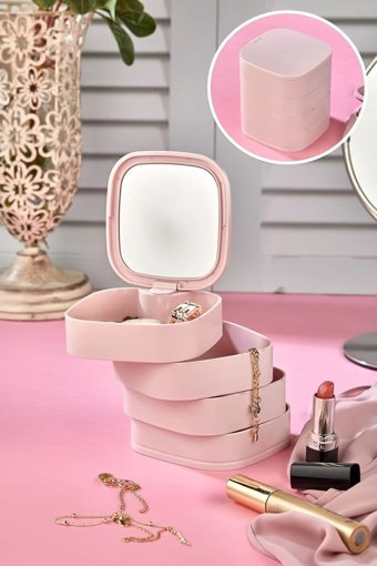 Bozhouse 4 Katlı Dönebilen Kapaklı Takı Organizeri Pembe
