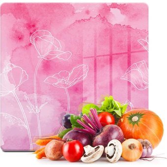 Decovetro Kare Pembe Çiçek Bulutu Desenli 30x30 Cam Orta Boy Pembe Kesme Tahtası