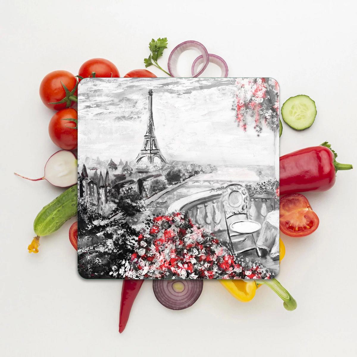 Decovetro Kare Love Paris Desenli 30x30 Cam Orta Boy Çok Renkli Kesme Tahtası