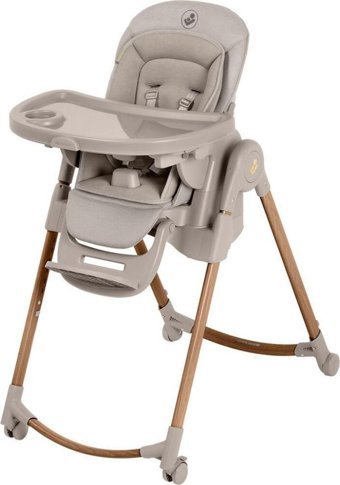 Maxi-Cosi Ahşap-Plastik 3 Noktalı Emniyet Kemeri 15 kg Kapasiteli Tekerlekli Sandalye Üstü Tepsili Oturaklı Katlanır Mama Sandalyesi Bej