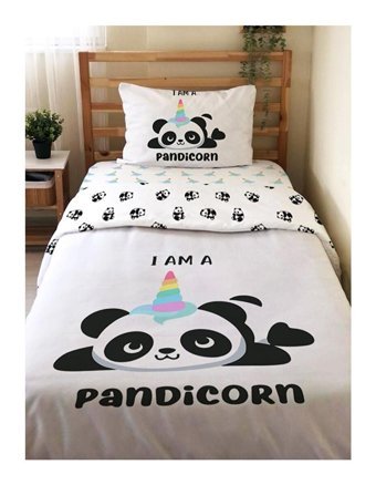 Evmila Çift Taraflı 160x220 cm Panda Tek Kişilik Nevresim Takımı Çok Renkli