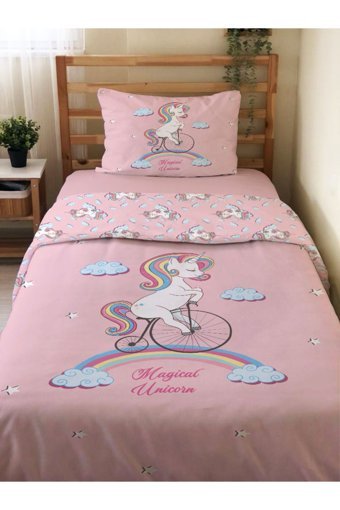 Evmila Çift Taraflı 160x220 cm Unicorn Tek Kişilik Nevresim Takımı Çok Renkli