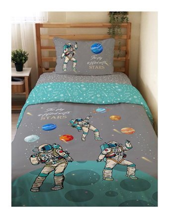Evmila Çift Taraflı 160x220 cm Astronot Tek Kişilik Nevresim Takımı Çok Renkli