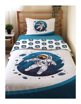 Evmila Çift Taraflı 160x220 cm Astronot Tek Kişilik Nevresim Takımı Çok Renkli