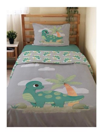 Evmila Çift Taraflı 160x220 cm Dinozor Tek Kişilik Nevresim Takımı Yeşil