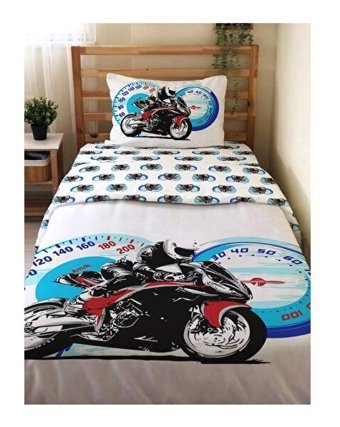 Evmila Çift Taraflı 160x220 cm Motor Tek Kişilik Nevresim Takımı Mavi