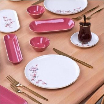 Glore Asya Spring 41 Parça 6 Kişilik Pembe-Beyaz Desenli Seramik Kahvaltı Takımı