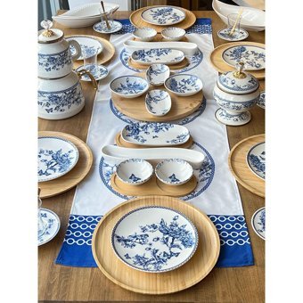 Rossev Bety Blue 56 Parça 6 Kişilik Beyaz-Mavi Desenli Porselen Kahvaltı Takımı
