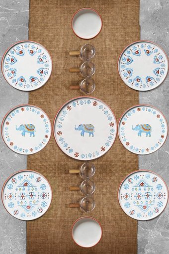 Kitchen Life Elephant Stackable 15 Parça 6 Kişilik Çok Renkli Desenli Seramik Kahvaltı Takımı