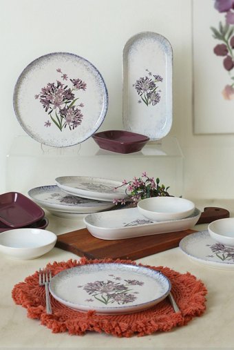 Keramika Blue Lily 14 Parça 6 Kişilik Beyaz-Mor Desenli Stoneware Kahvaltı Takımı