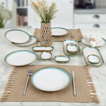 Keramika Wawe 14 Parça 6 Kişilik Beyaz-Turkuaz Stoneware Kahvaltı Takımı