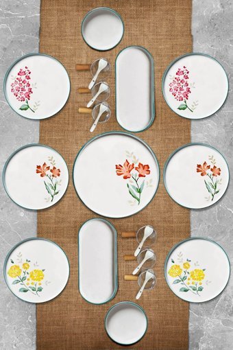 Kitchen Life Flowers Stackable 23 Parça 6 Kişilik Çok Renkli Desenli Seramik Kahvaltı Takımı