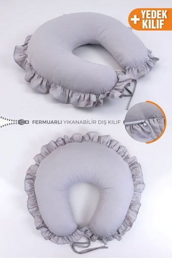 Umaybebek Fırfırlı Elyaf Sırt Destekli Yıkanabilir Gri Emzirme Yastığı
