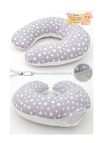 Mordesign Stars Desen Pamuklu Sırt Destekli Yıkanabilir Gri Emzirme Yastığı