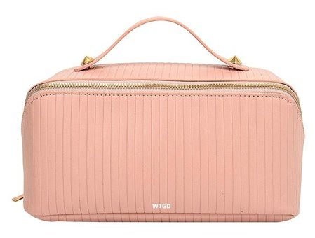 Wtgd Bölmeli Pembe Çizgili PU - Polyester Büyük Boy Çok Gözlü Seyahat Makyaj Çantası