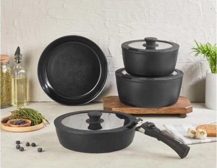 Bondy Amercook 8 Parça Cam Kapaklı Bakalit Saplı Seramik Tencere Seti Siyah