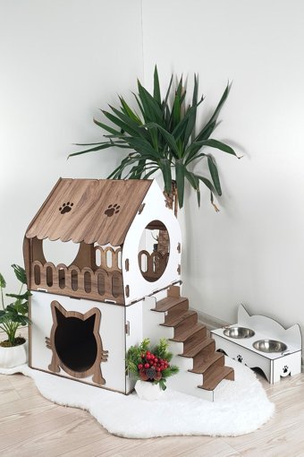 Digitus Kare 2 Katlı İç Mekan Ahşap Kedi Evi Kahverengi-Krem