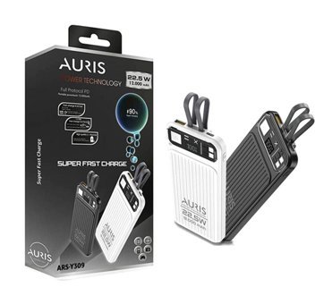 Auris ARS-Y309 12000 mAh Hızlı Şarj Işıklı Dijital Göstergeli USB Type C Çoklu Bağlantı Kablosuz Powerbank Siyah