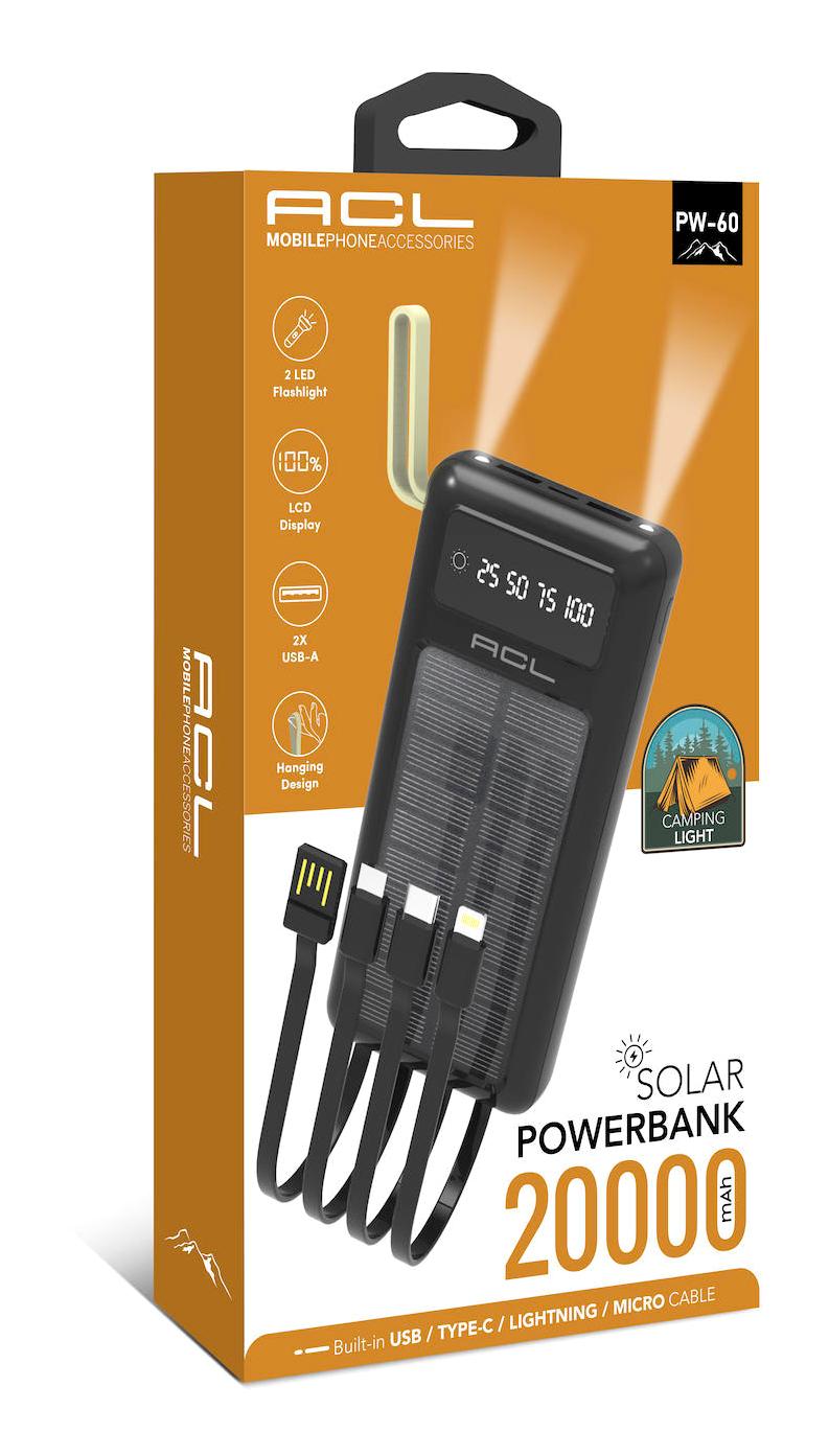 RCL pw-60 20000 mAh Güneş Enerjili Işıklı Dijital Göstergeli Lightning & Micro USB & Type C Çoklu Bağlantı Powerbank Siyah