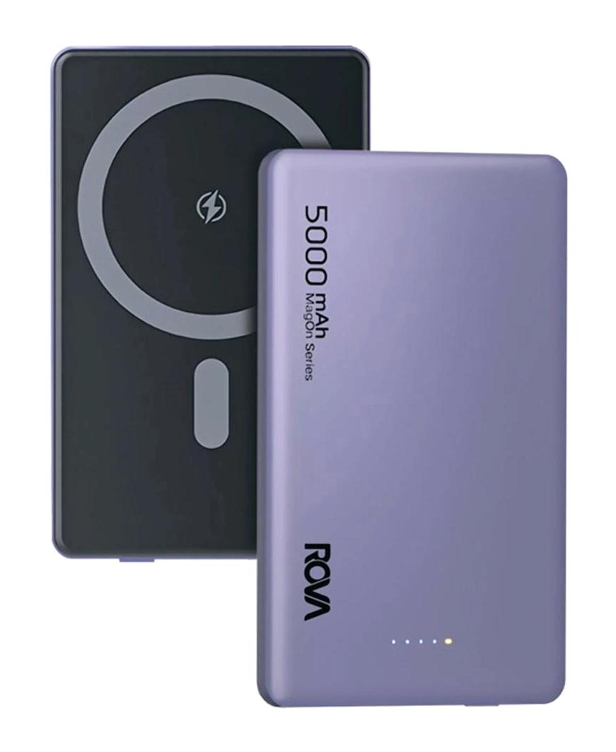 Rova PWS615 5000 mAh Hızlı Şarj Mıknatıslı Işıklı Dijital Göstergeli USB Type C Çoklu Bağlantı Kablosuz Powerbank Mor