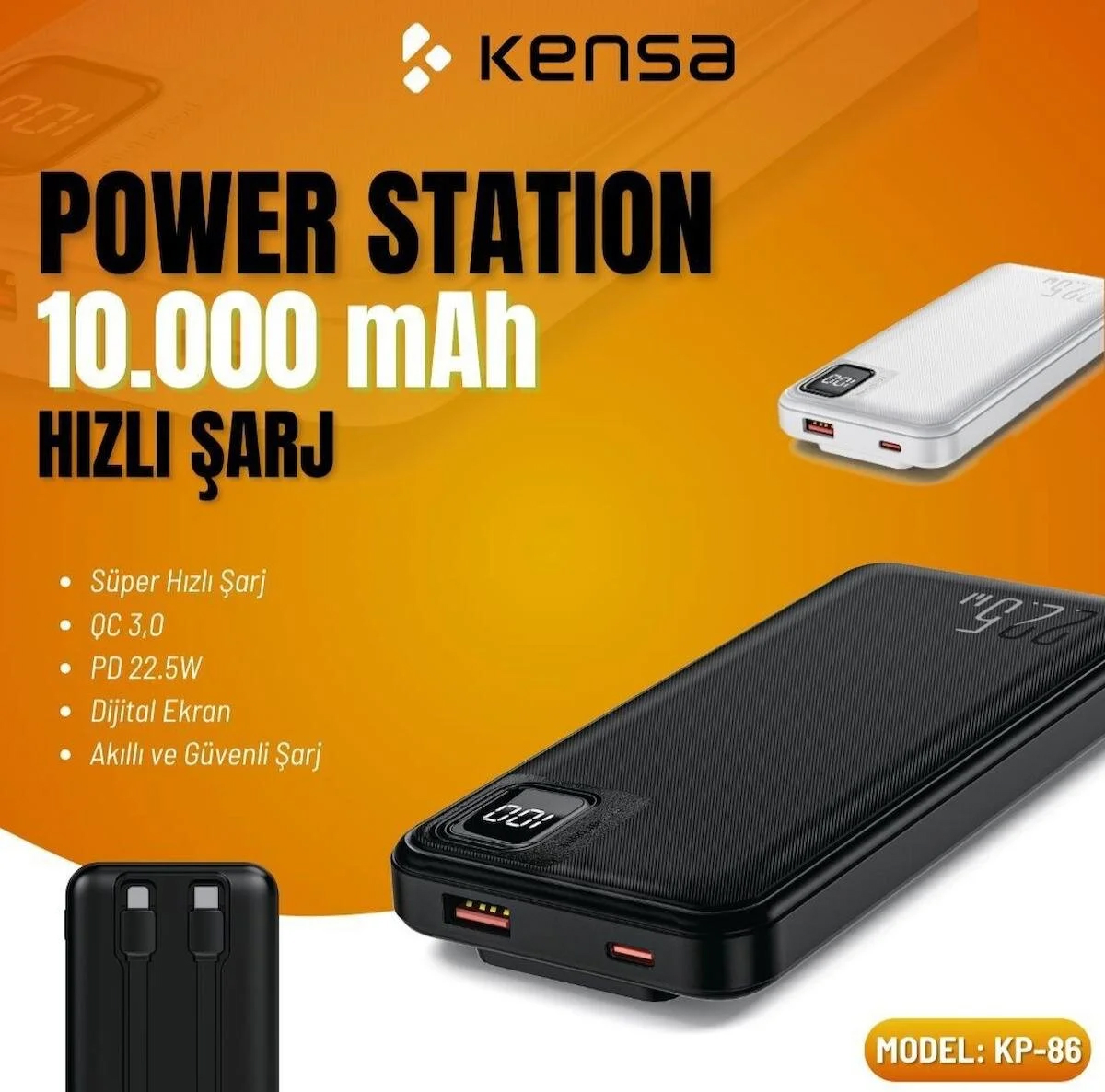 Kensa KP-86 10000 mAh Hızlı Şarj Işıklı Dijital Göstergeli USB Type C Çoklu Bağlantı Powerbank Beyaz