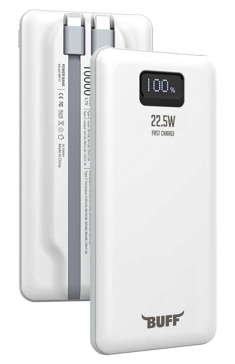 Buff BP17 10000 mAh Dijital Göstergeli Micro Type C-USB-Lightning Çoklu Bağlantı Powerbank Beyaz