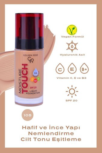Golden Rose Moisture Touch 105 Güneş Koruyuculu Vegan Likit Şişe Fondöten 30 ml