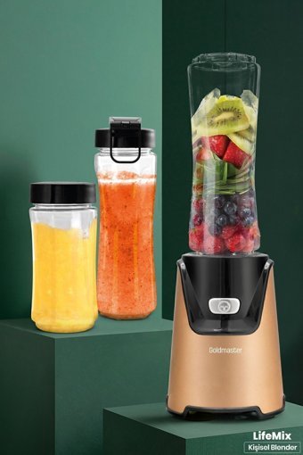 Goldmaster Lifemix 500 ml Plastik Turbo Fonksiyonlu 4 Bıçaklı Tekli Mini Smoothie Blender Gold