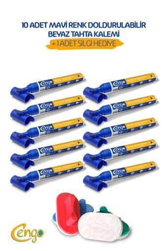 Cengo Whiteboard Set 12 Adet Doldurulabilir Silgili Silinebilir Mavi Tahta Kalemi