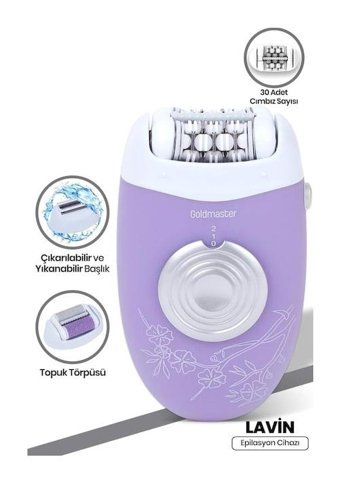 Goldmaster Lavin GM-8165 Tüm Vücut İçin 30 Cımbızlı Topuk Başlıklı Kuru Epilasyon Aleti Beyaz-Lila