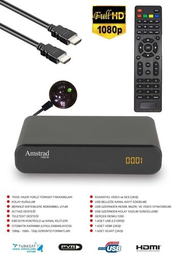 Amstrad 1300 M Harici İnternetli Mini Çanaklı Full HD Uydu Alıcısı