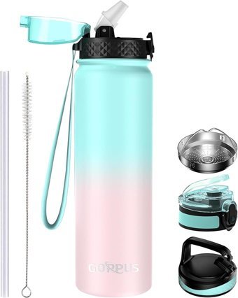 Goppus Spor Paslanmaz Çelik 1 lt Pipetli Outdoor Şişe Termos Yeşil - Pembe