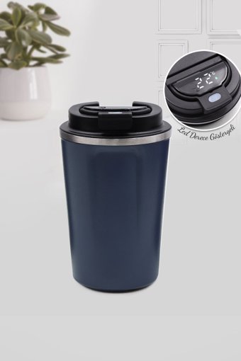 Trendmiya Dijital Isı Ölçer Kapaklı Paslanmaz Çelik 380 ml Pipetli Outdoor Bardak Termos Lacivert