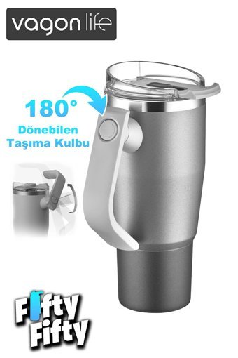 Vagonlife Rotate Handle Paslanmaz Çelik 950 ml Pipetli Outdoor Bardak Termos Silver