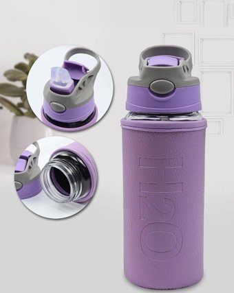 Trendmiya Deri Kılıf 500 ml Pipetli Outdoor Şişe Termos Mor