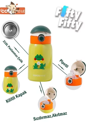 Vagonlife Balonlu Uçan Kedi Paslanmaz Çelik 470 ml Pipetli Outdoor Matara Termos Sarı