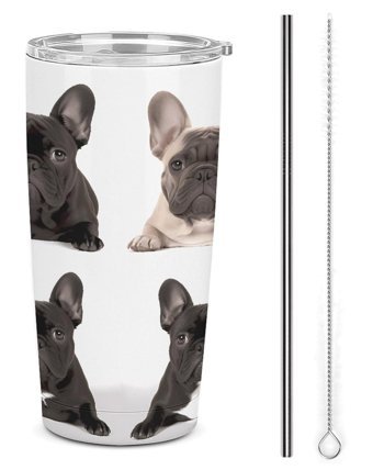 Yhegbfd Fransız Bulldog Paslanmaz Çelik 590 ml Pipetli Outdoor Bardak Termos Beyaz - Mavi